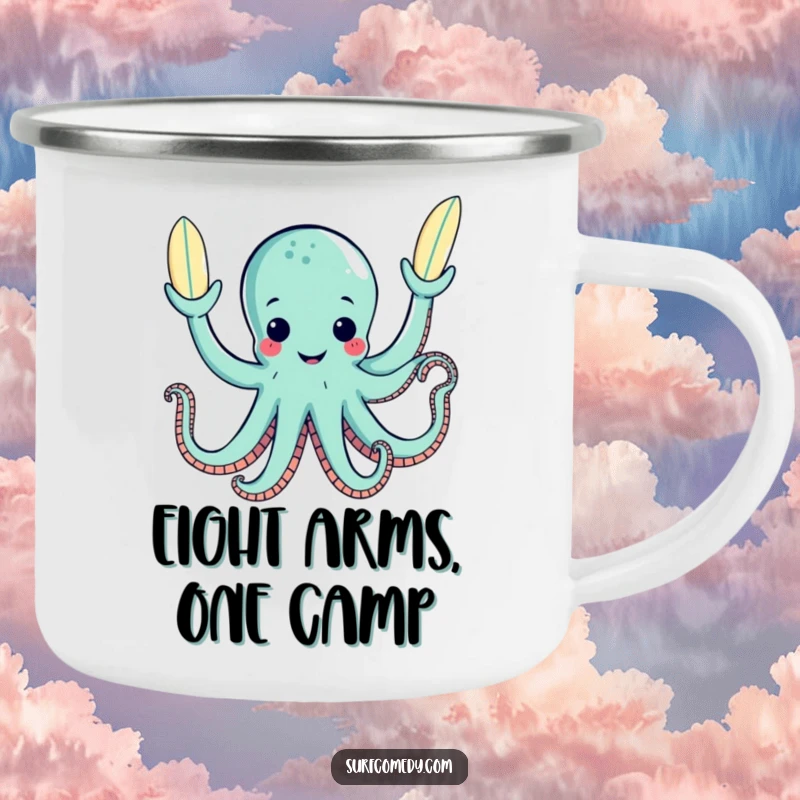 Funny enamel camping mug showing a happy octopus juggling surfboards with its tentacles, perfect for camping.