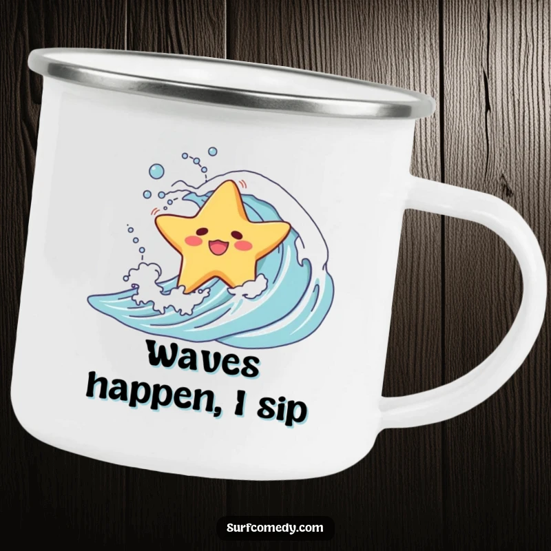 Funny camping mug featuring a starfish character's comical wipeout on a wave, designed for outdoor adventures.