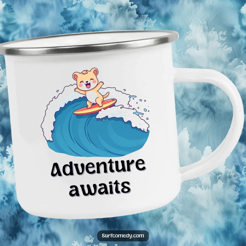 Funny animal character surfing a large wave on a surfboard on a durable camping mug, perfect for outdoors.