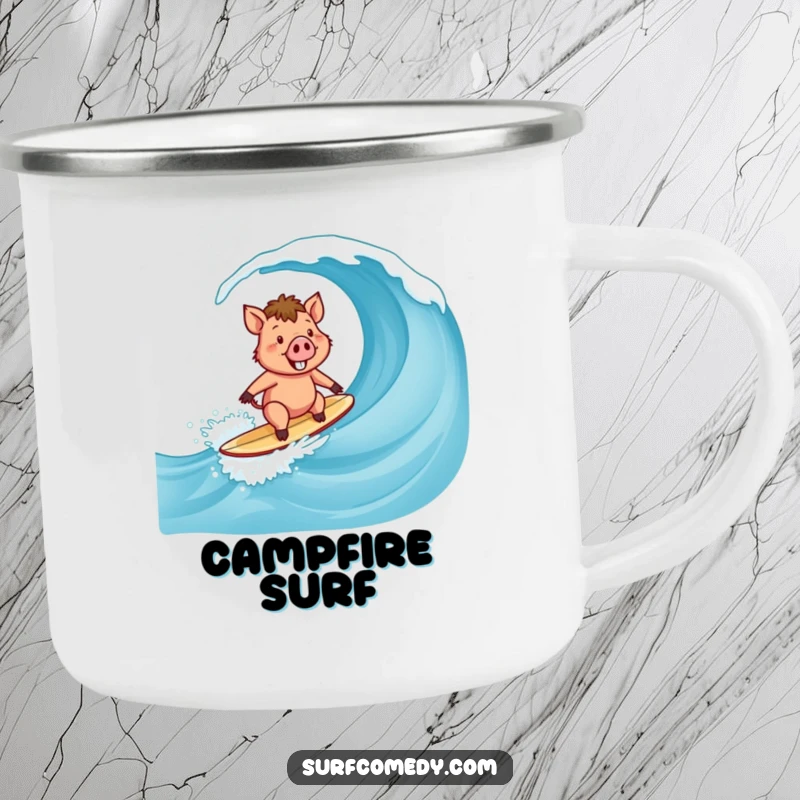 Funny Surfer Boar Camping Mug: A happy boar character surfing a wave, ready for outdoor adventures.