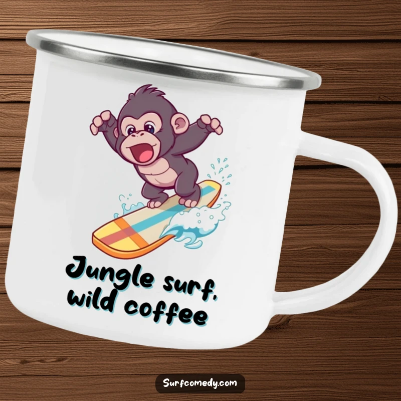 Funny enamel camping mug with a gorilla playfully diving off a surfboard, designed for memorable outdoor moments.
