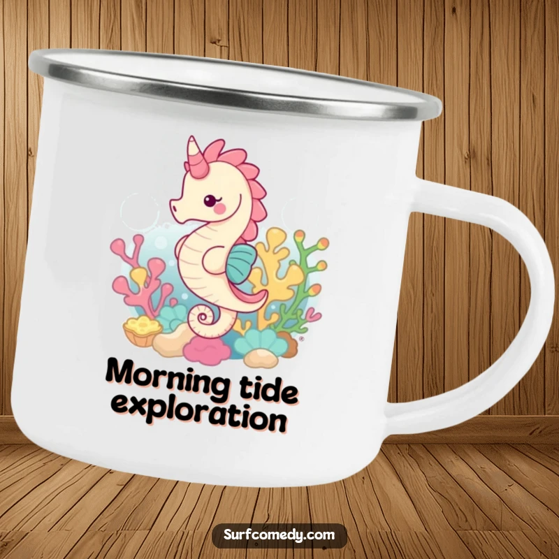 Funny camping mug showing a graceful seahorse swimming through a coral reef, designed for outdoor use with humor.