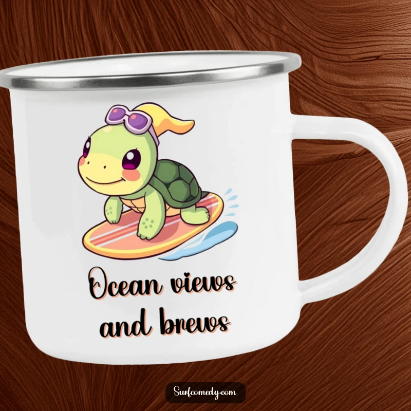 Funny turtle character on a surfboard, depicted on a durable camping mug, ideal for outdoor adventures and smiles.