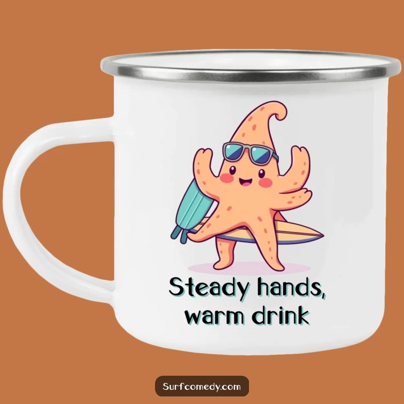 Funny Kawaii Starfish Surfer Enamel Mug, Outdoor Adventure Gift