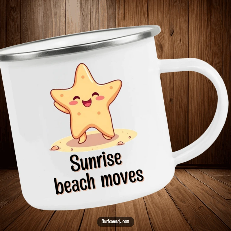 Funny camping mug showing a cheerful starfish dancing on a sandy beach, designed for outdoor use with humor.