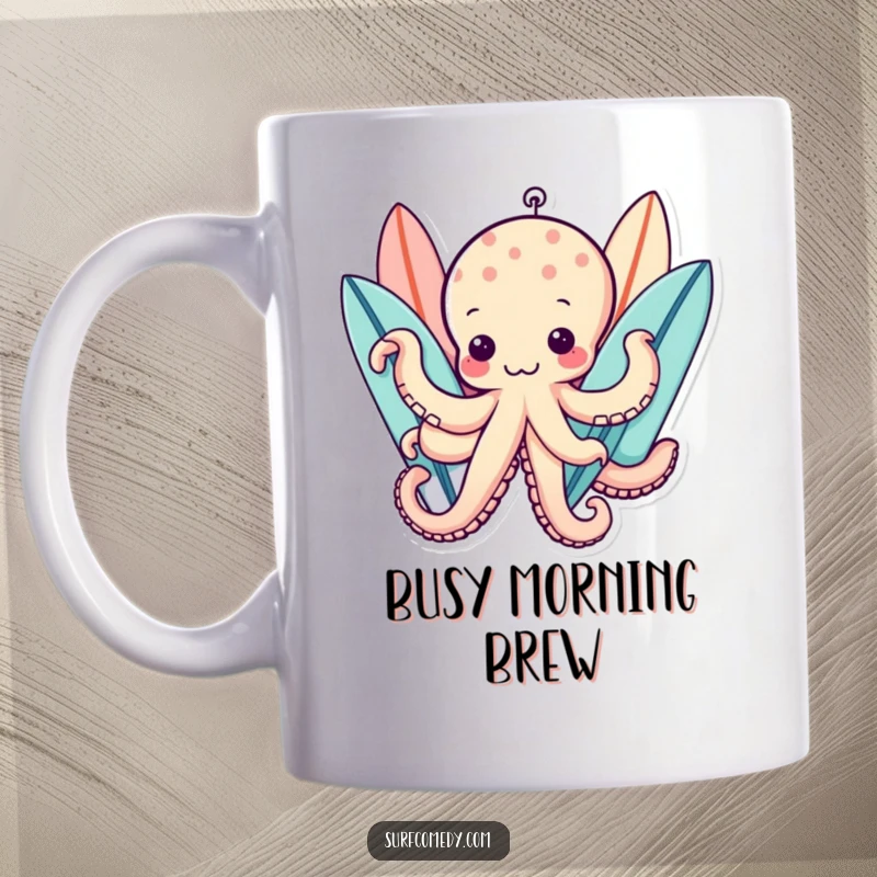 Funny kawaii octopus character with many tentacles, holding several surfboards, perfect for a funny mug.
