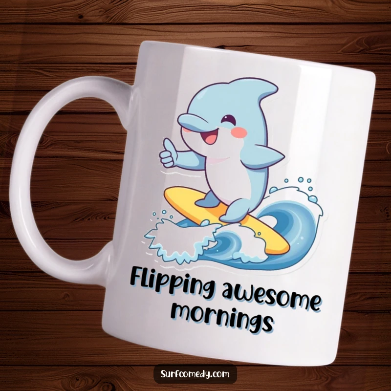 Funny dolphin mug, smiling character surfing a wave, giving a cheerful thumbs up, positive ocean vibes, great funny gift.