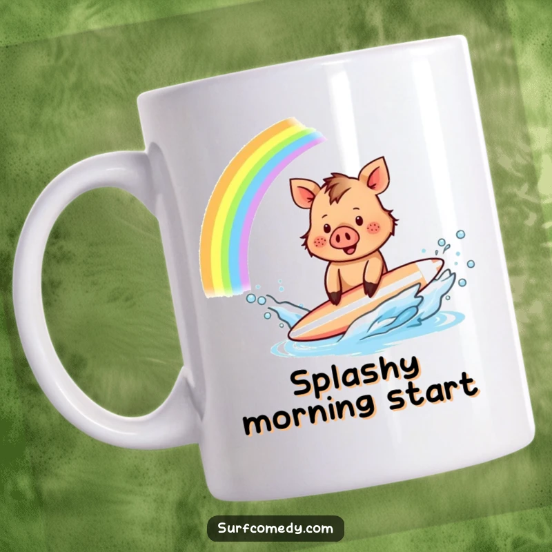 Funny Boar Surfer Mug: A tiny boar excitedly splashes water with a surfboard, creating a vibrant rainbow, filled with playful charm.