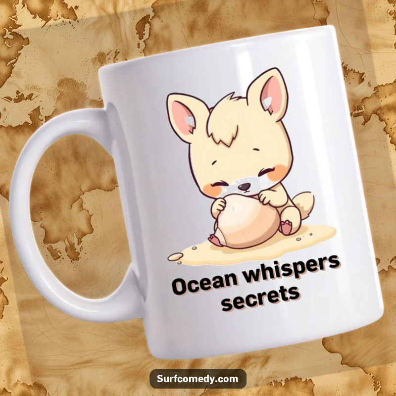 Funny beach animal mug showing a cute character intently inspecting a seashell with curiosity at the sunny shore.