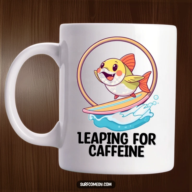 Funny fish character gleefully jumping through a hoop on a surfboard, showcasing acrobatic skill and humor. A great funny gift.