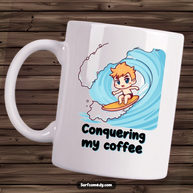 Funny Kawaii character mug showing determined surfing on a giant wave, symbolizing bravery and a thrilling beach adventure.
