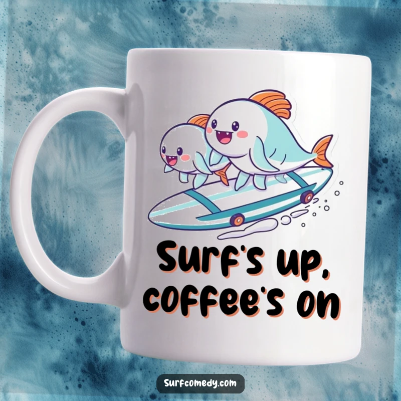 Funny kawaii fish characters joyfully surfing on a surfboard, bringing a wave of laughter and charm. A perfect funny gift.