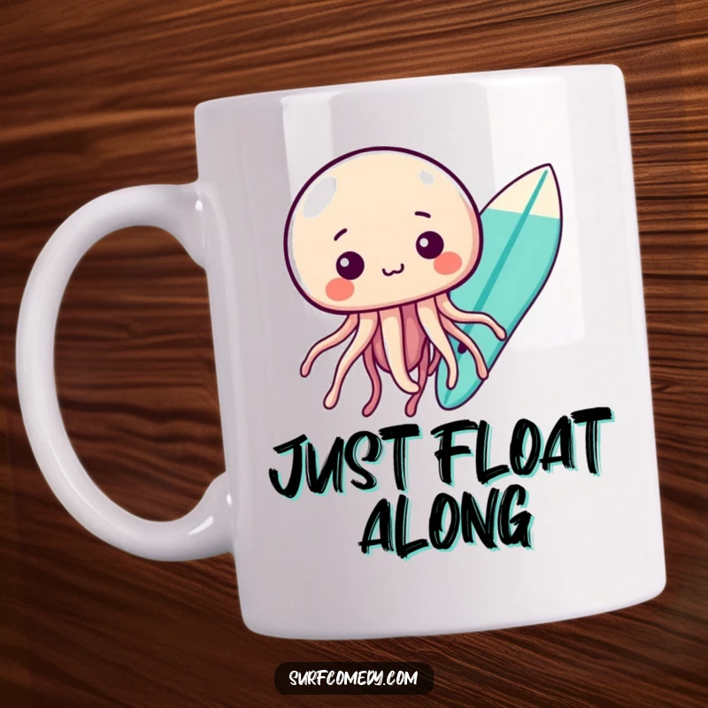 Funny kawaii jellyfish character floating curiously near a surfboard, perfect for a funny mug gift.