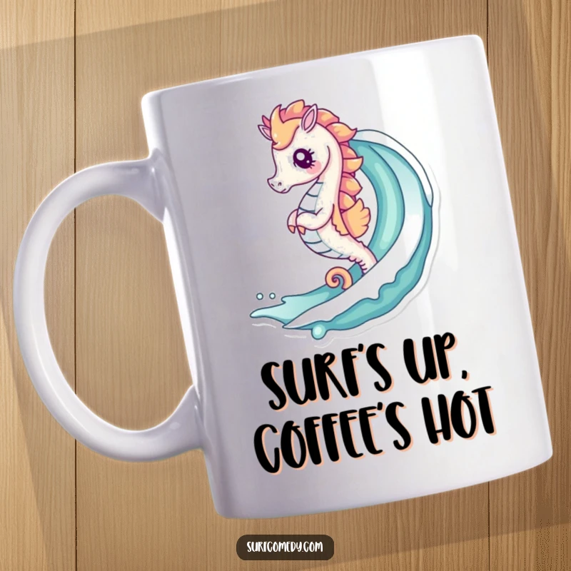 Funny kawaii mug featuring a cute seahorse character expertly surfing a curling ocean wave with a cheerful expression.