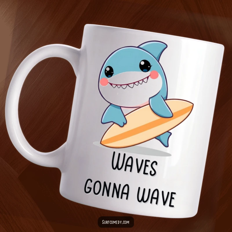 Funny kawaii shark character smiling big, playfully nudging a surfboard, perfect for beach lovers on a mug.