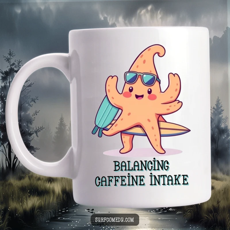 Funny mug with a cute kawaii starfish character balancing a surfboard on its arms, embodying beach fun and quirky charm.