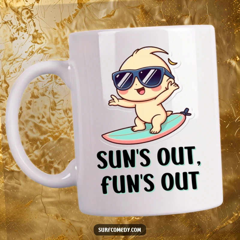 Funny Kawaii mug shows a cool character in sunglasses posing confidently on a surfboard, embodying chill beach vibes.