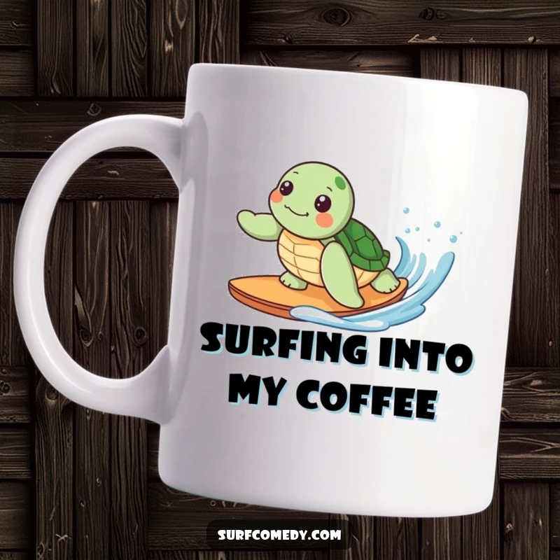 Funny mug with a cute kawaii sea turtle character joyfully surfing a gentle wave, embodying oceanic fun and happy vibes.