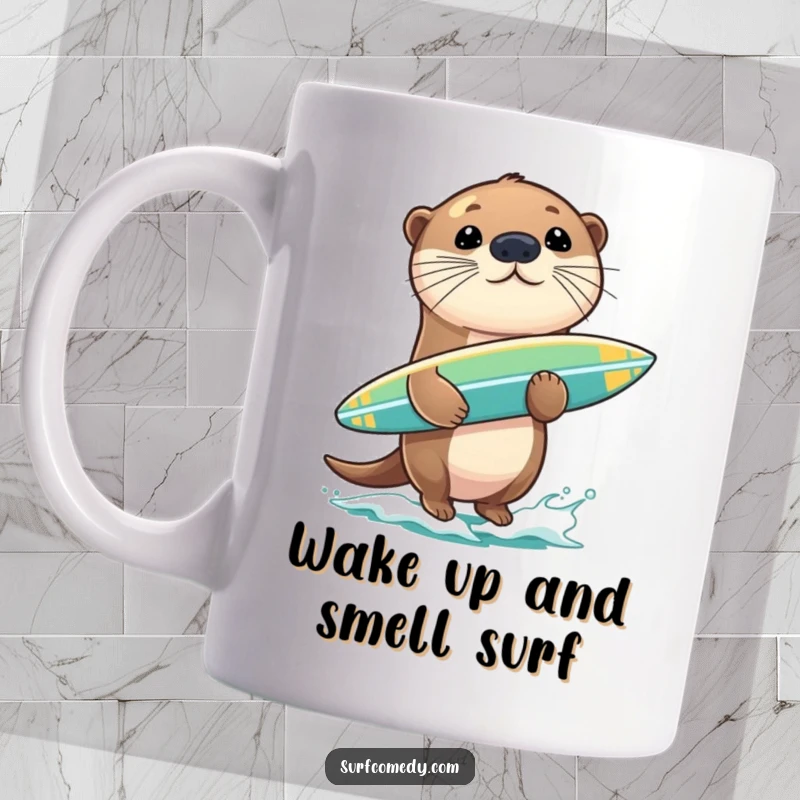 Funny sea otter character balancing a surfboard on its nose, with a cheeky grin, a humorous ocean enthusiast mug.