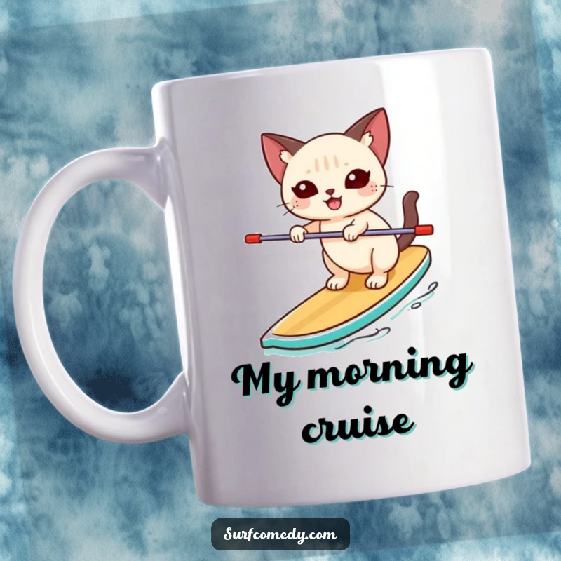 Funny Siamese cat happily balancing unsteadily on a paddleboard on a mug, embodying joy and aquatic adventure.