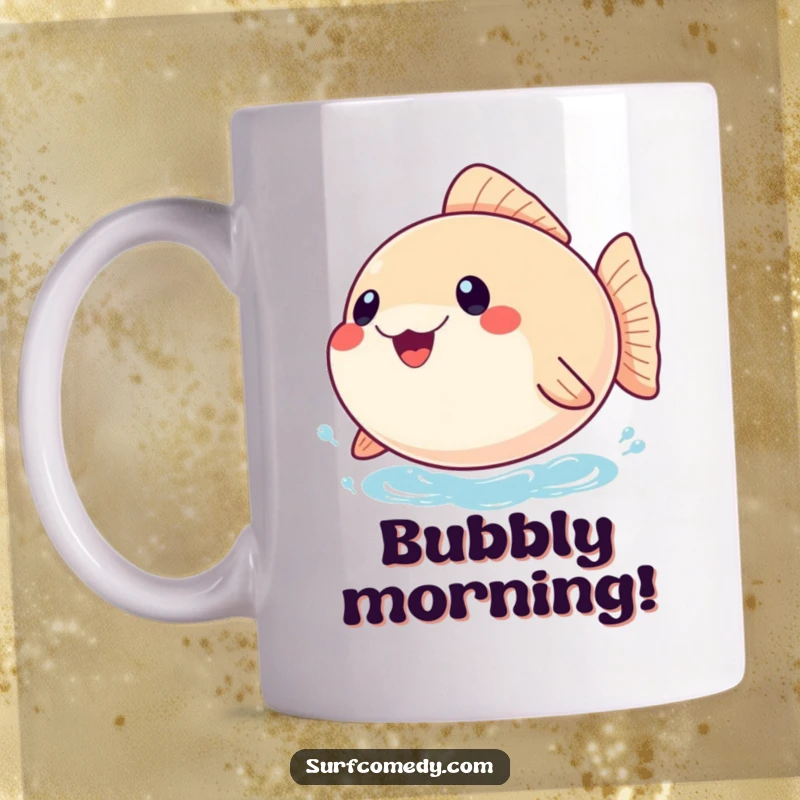 Funny mug featuring a cheerful, inflated pufferfish character joyfully bobbing on the water, conveying pure, bubbly happiness and delight.