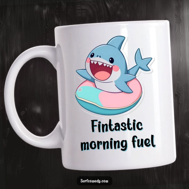 Funny cute shark character excitedly riding a tiny, colorful inner tube with a big smile on a mug.