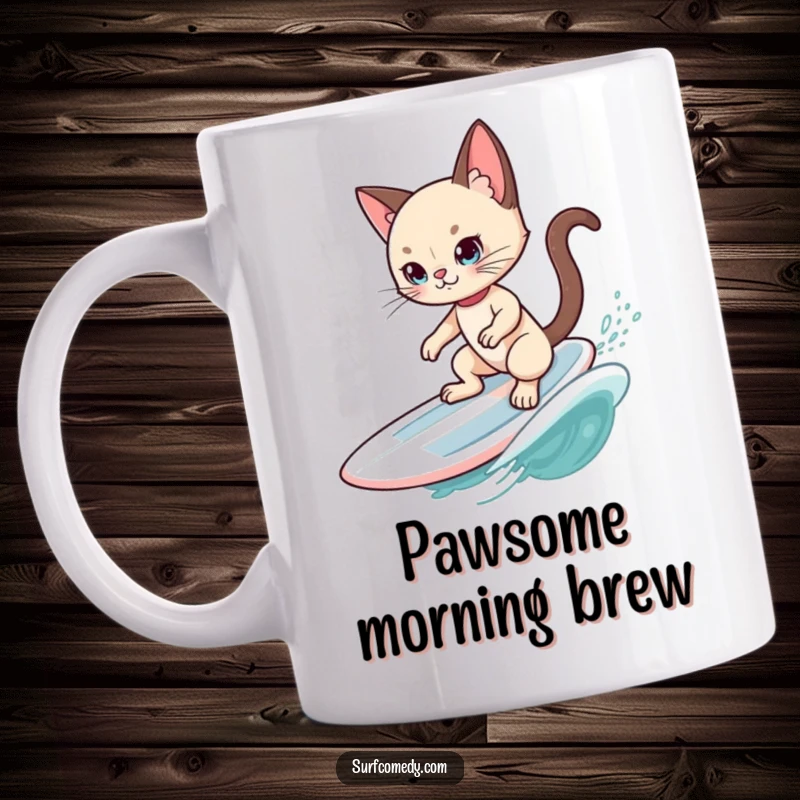 Funny Siamese Cat Surfer Mug: A cool Siamese cat strikes a pose on a surfboard, catching a gentle wave with feline grace and humor.