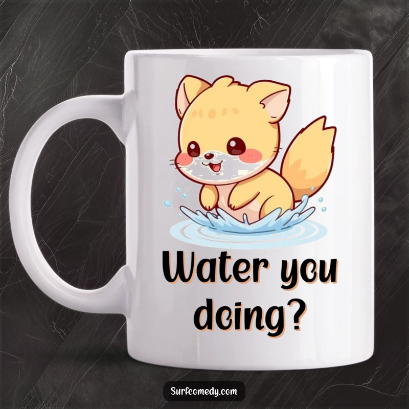 Funny mug showing a mischievous animal character playfully splashing water around with its energetic tail, full of fun.