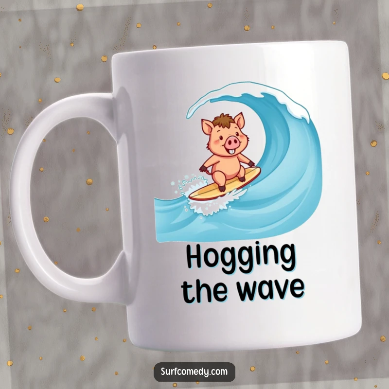 Funny Surfer Boar Mug: A happy boar character surfing a wave with a big smile, embodying pure joy.
