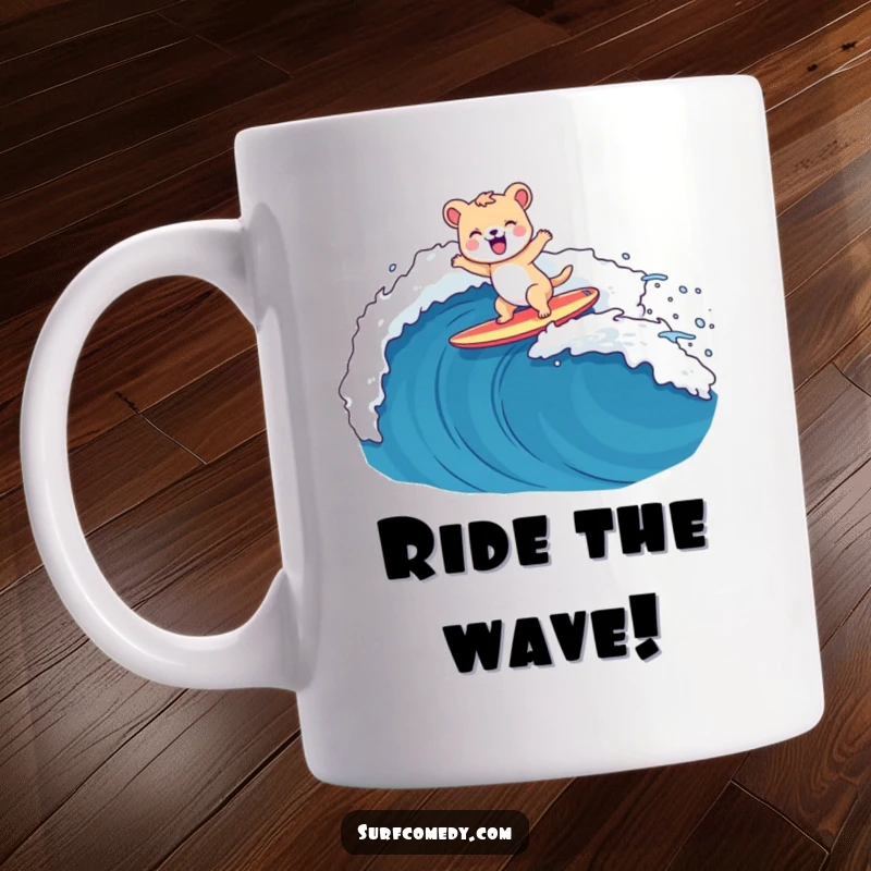 Funny animal character gleefully surfing a surfboard over a giant wave, captured on a ceramic mug, pure excitement.