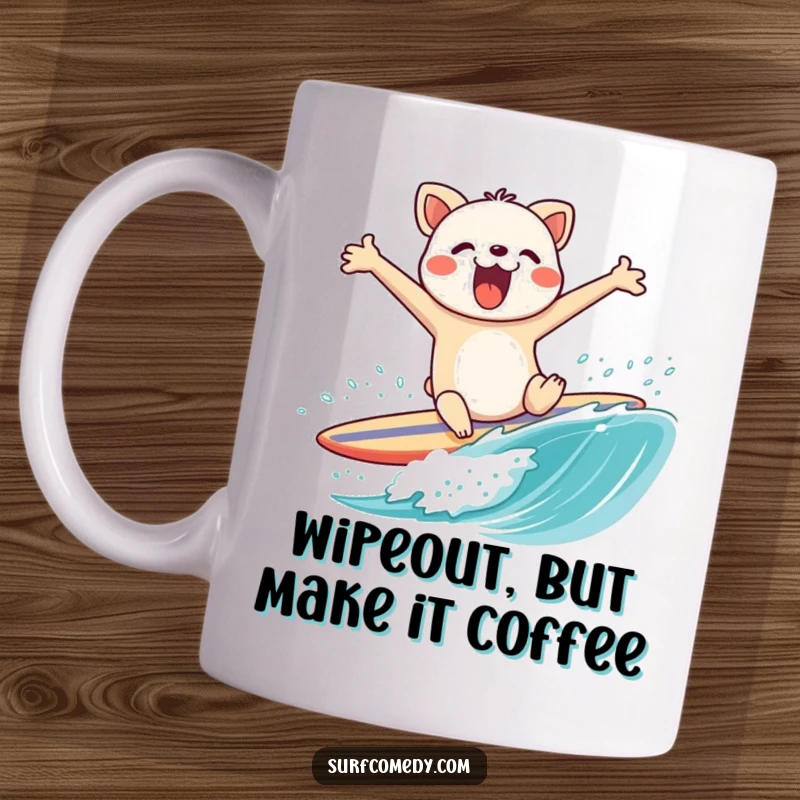 Funny mug featuring a flailing animal character hilariously wiping out on a surfboard, arms everywhere, capturing a comical beach wipeout.