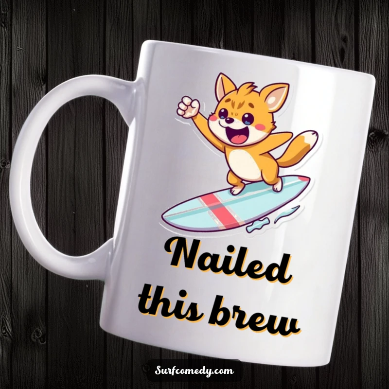 Funny victory surf mug, a triumphant animal leaping from a surfboard, embodying success and determination, a motivating funny gift.