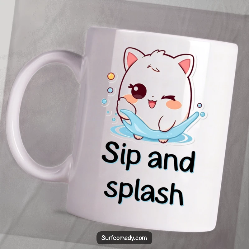 Funny mug with a playful character mischievously winking while splashing water, perfect for adding a bit of fun to drinkware.