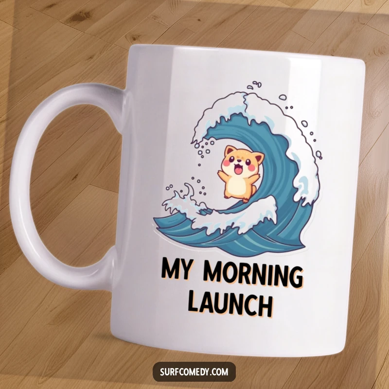 Funny mug depicting a surprised animal character being comically tossed into the air by a rogue wave, capturing shock and chaos.