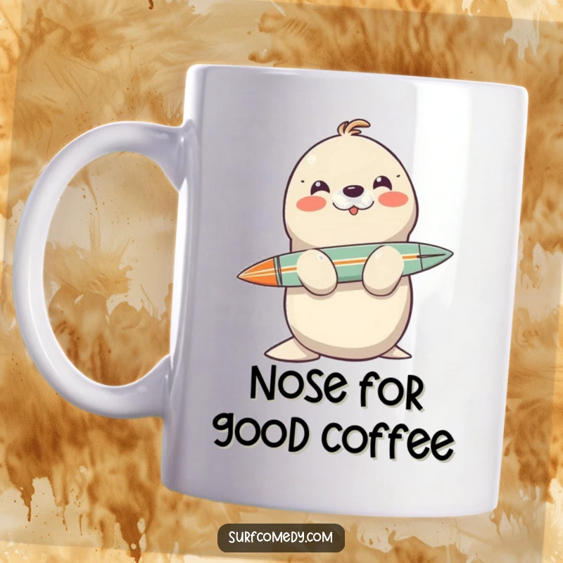 Funny seal balancing a surfboard on its nose with a big smile, perfect for a coffee mug.