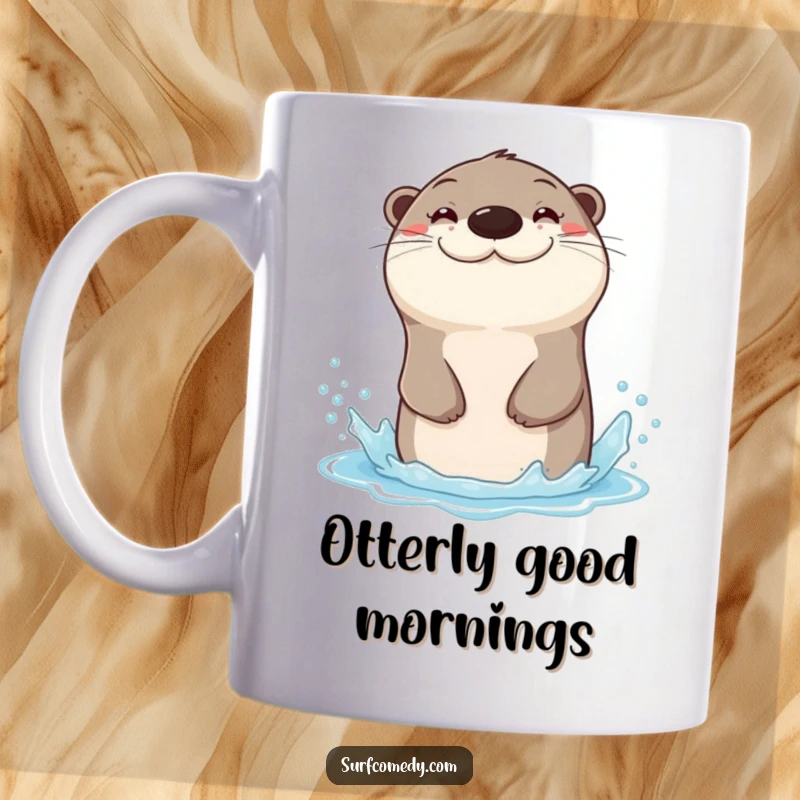 Funny sea otter character with a wide grin, sliding down a water spray, on a mug.