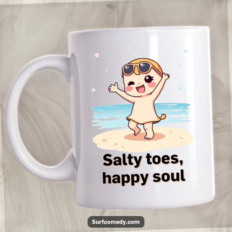 Funny Kawaii character doing a silly, energetic dance on a sandy beach, bringing joy and humor to a mug.