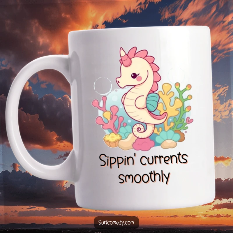 Funny mug with a cheerful kawaii seahorse gracefully swimming amidst colorful, detailed coral reefs underwater.