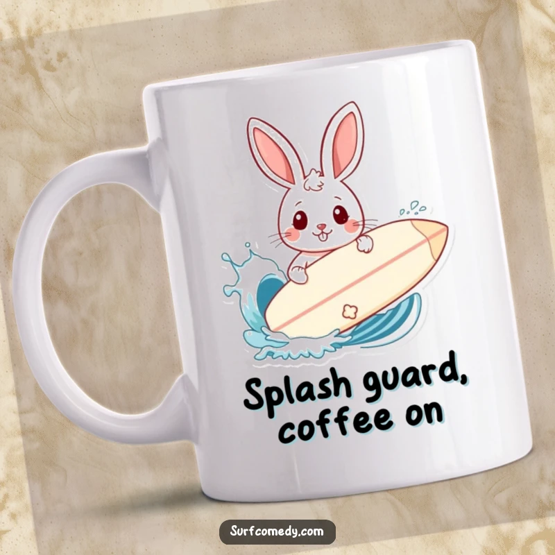 Funny mug showing a rabbit using a surfboard as a shield against a playful splash from a wave.