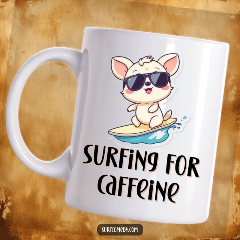 Funny surfer animal mug, a giggling animal in sunglasses riding a small wave, embodying fun and relaxation, a cool funny gift.