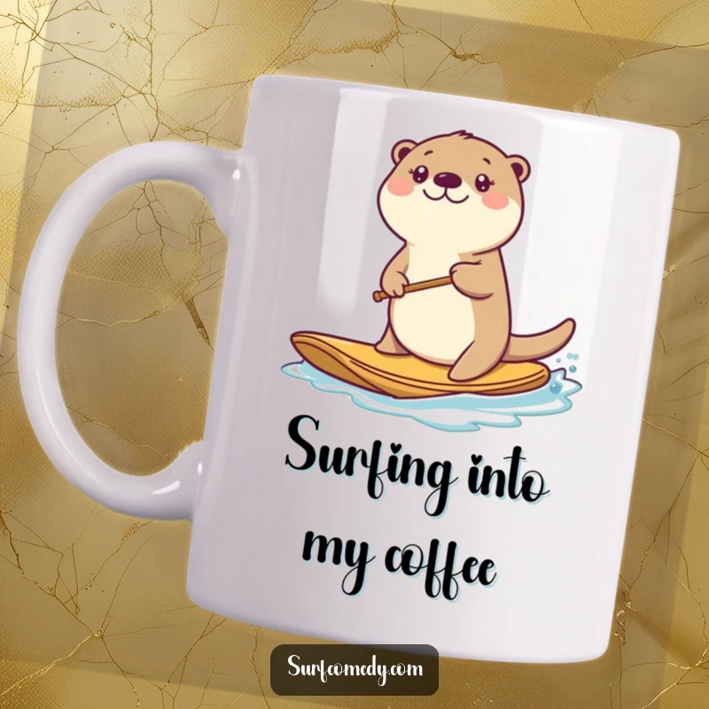 Funny kawaii sea otter character energetically paddling on a bobbing board, showing pure joy and determination.