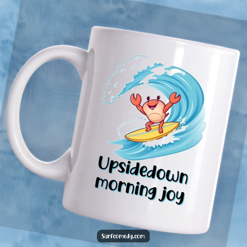 Funny happy crab character doing a handstand on a surfboard while riding a wave, showcasing skill and beachy fun.