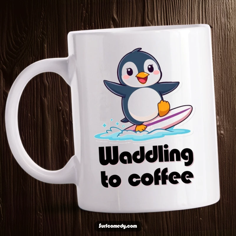 Funny smiling penguin character attempting to surf a small surfboard on a cheerful mug.