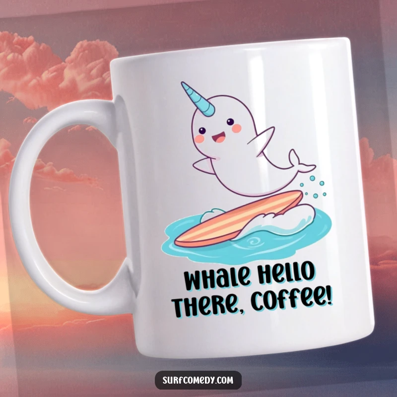 Funny narwhal character leaping joyfully out of the water on a surfboard, a magical and humorous ocean scene.