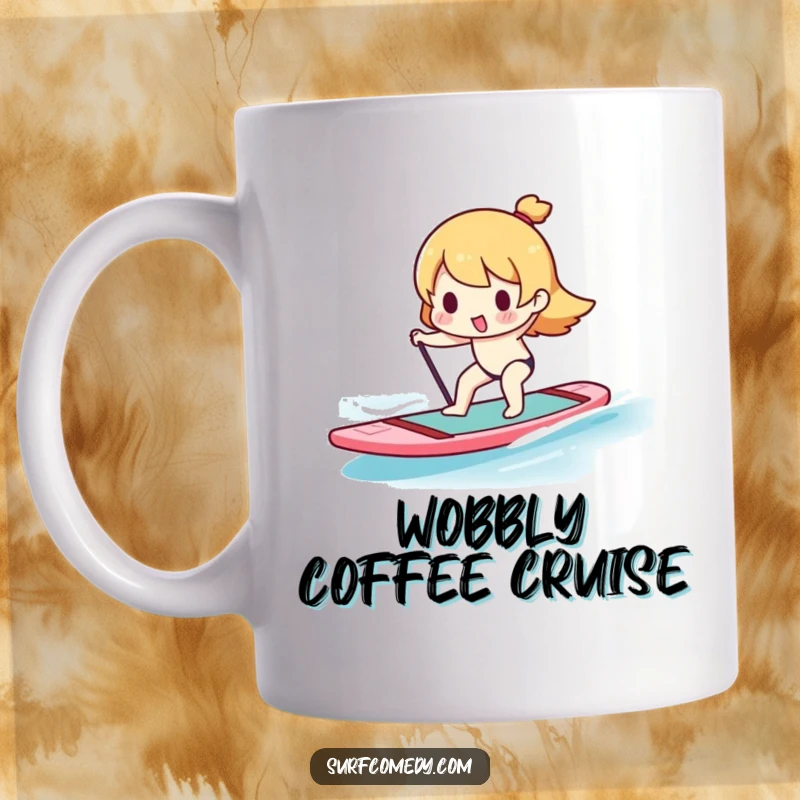Funny Kawaii character wobbling precariously while balancing on a paddleboard, bringing humor to a mug.