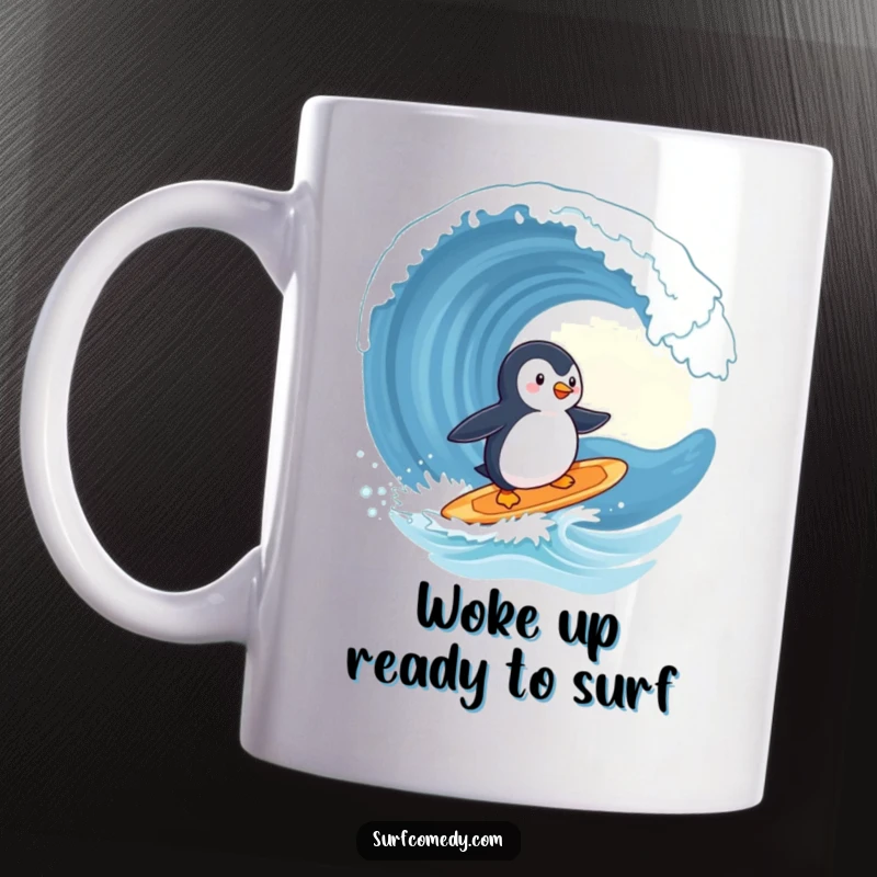 Funny penguin mug, cute character riding a surfboard, heading towards a giant playful wave, adventurous and fun, great funny gift.