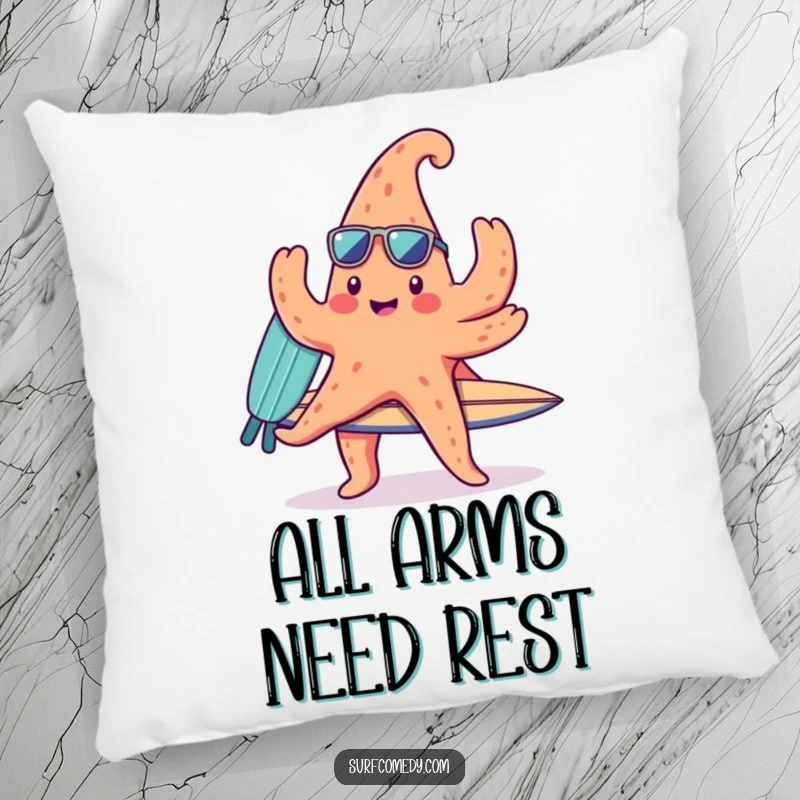 Funny pillow with a cute kawaii starfish character balancing a surfboard on its arms, symbolizing comfort and beachy dreams.