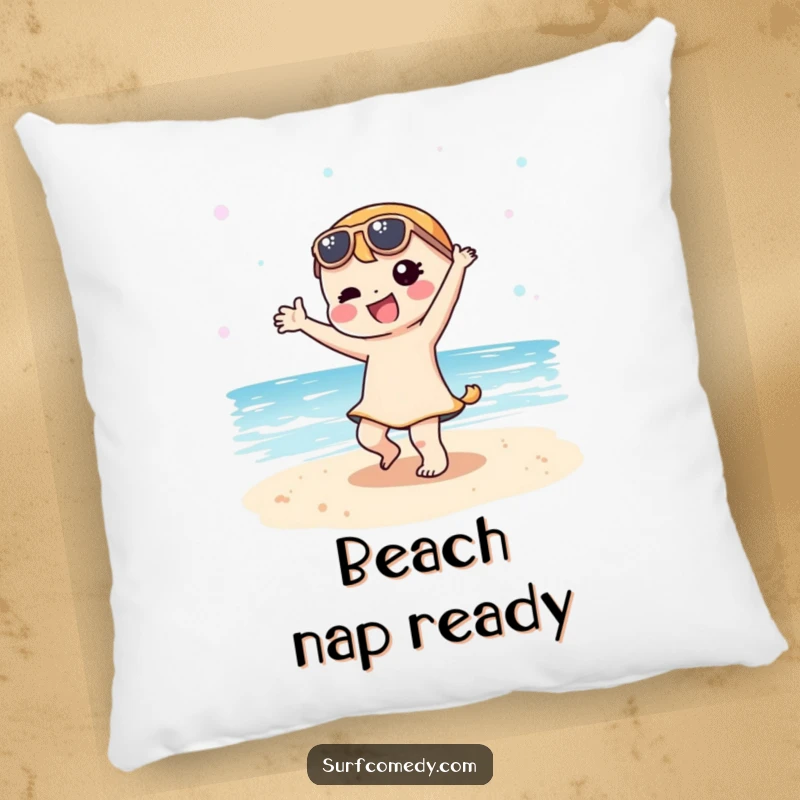 Funny Kawaii character doing a silly dance on a sandy beach, making this pillow a soft and humorous addition.