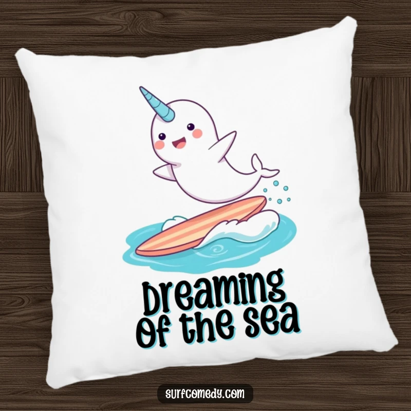 Funny narwhal character gracefully surfing a surfboard, depicted on a soft and cozy pillow for magical comfort.