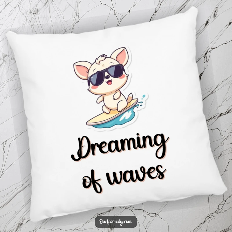 Funny surfer buddy pillow, a soft cushion with a giggling animal on a wave, perfect for relaxation and a funny gift.